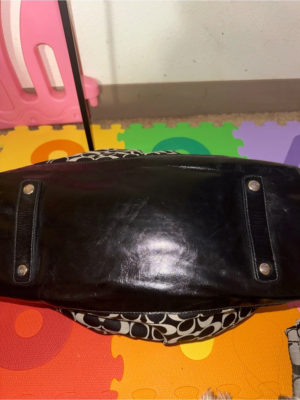 Coach Black and Ivory Logo Satchel with Patent Trim